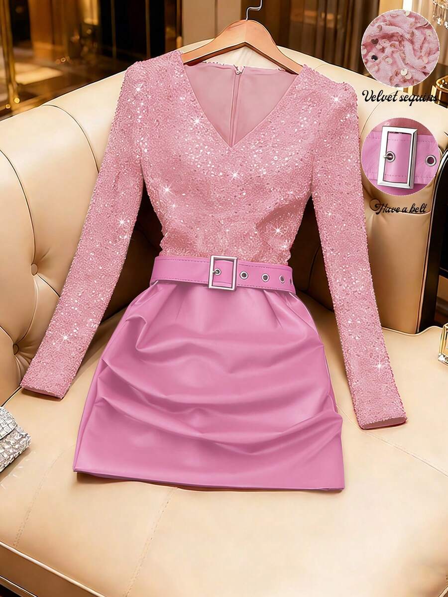 GlowEve Đầm ôm sát cổ chữ V xếp ly, phối sequin và da giả, kiểu dáng thanh lịch dành cho nữ, tôn dáng, thích hợp cho mùa thu/đông. - Hồng - Xem 1