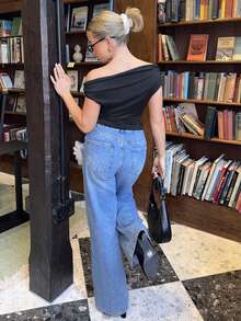 Bethéva Asymmetrical Asymmetric Shoulder Knit T-Shirt Top, Purple-Red Black Tops - Black - View 2