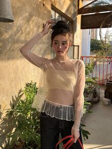 DAZY Women's Mock Neck Flocked Polka Dot Ruffle Trim Long Sleeve Blouse - White - View 5