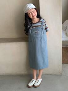 DAZY Young Girls Round Neck Striped Korean Style Short Sleeve T-Shirt And Denim Suspender Skirt 2-Piece Set - Blue - View 1