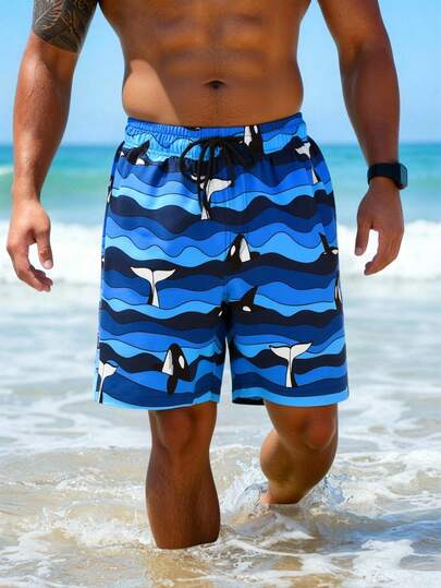 Manfinity Swimmode شورت شاطئ فضفاض بخصر رباط مطبوع بنقش الحوت والموجة، طراز الصيف للرجال