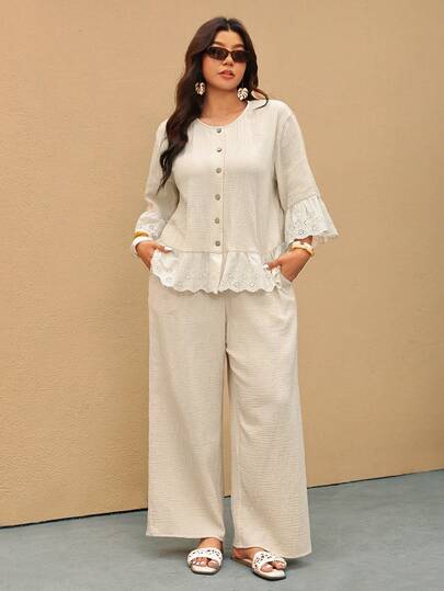 Elaquor Plus Size Women 2pcs Set: Mesh Embroidered Shirt & Pants  Plus Size 2 Piece Set Women Plus Clothing 2 Piece Blouse And Pants Set Plus Size Co Ords  Spring Outfit Women Spring Sets For Women