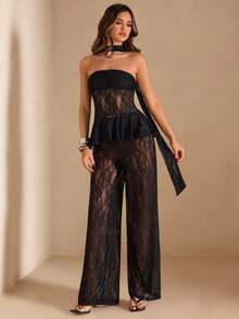 SHEIN BAE Black Lace Bandeau Flared Top & Sheer Lace Pants Sexy 2 Pieces Set, Spring/Summer Sexy Black Lace 2 Pieces Set Lace Two Piece Set - Black - View 4
