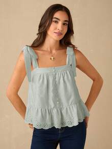 Enchnt 女士夏季简约纯色镂空刺绣系带露肩上衣 - 薄荷綠 - 查看 7