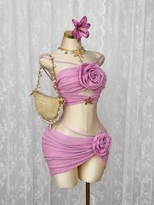 Sunspun 2pcs/Set Knitted Textured Crop Top And Mini Skirt Set, Sexy & Cute For Beach Vacation In Summer - Multicolor - View 1