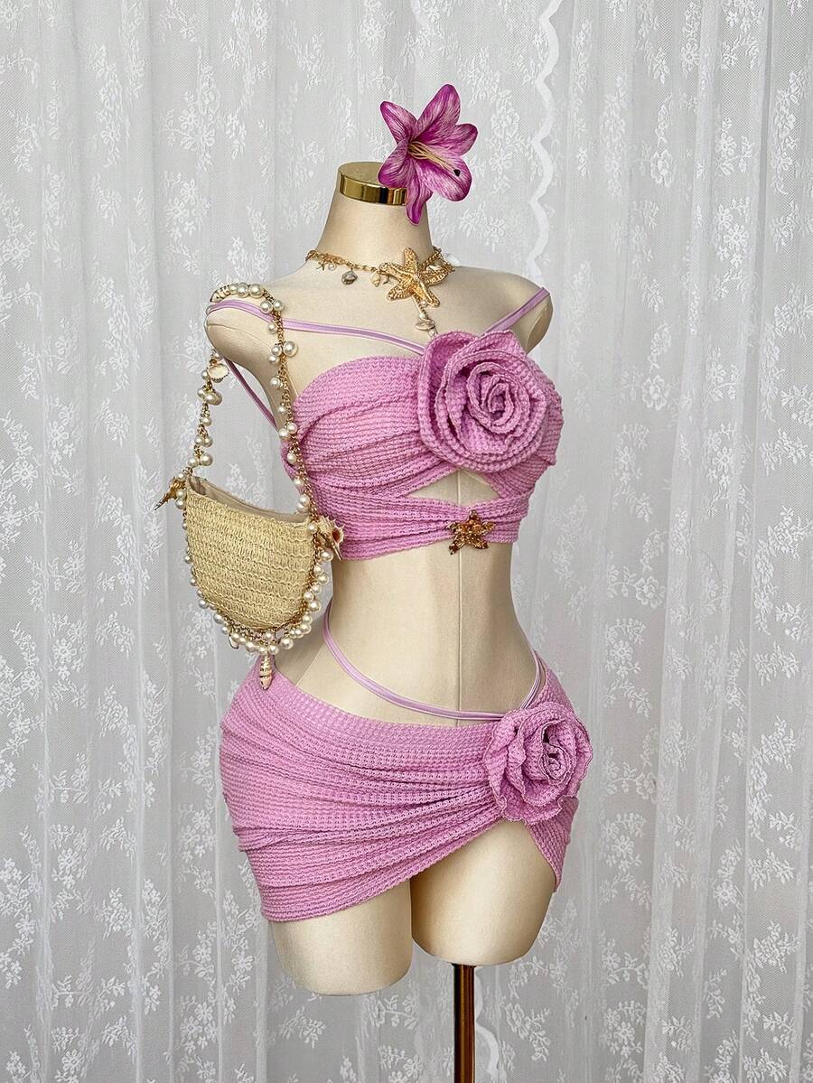 Sunspun 2pcs/Set Knitted Textured Crop Top And Mini Skirt Set, Sexy & Cute For Beach Vacation In Summer - Multicolor - View 1