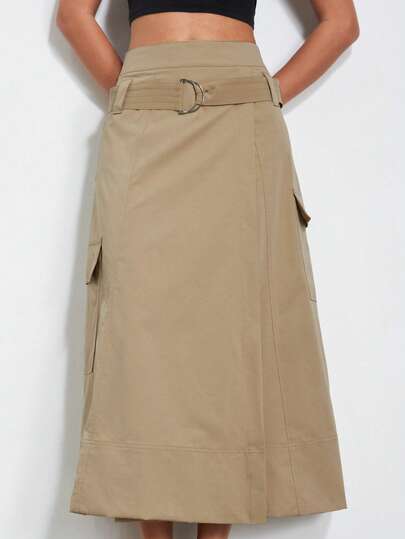 Aveloria Modichic 简约百搭休闲A字高腰系带不对称口袋设计半身裙