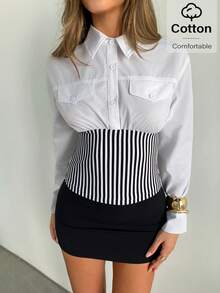 Siren Gaze Women's White Collared Long Sleeve Blouse,Black And White Striped Corset Waist Design Chic Top For Autumn Brunch, Comfortable Holiday Top Elegant - Multicolor - View 7