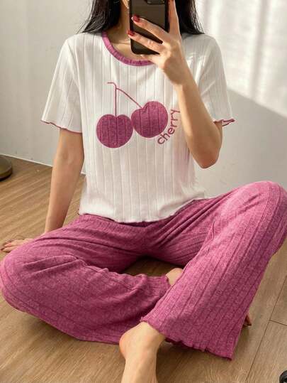 Tween Girls Pajamas-2 Pieces Summer Pajama Set Short Sleeve Crew Neck Top With Cherry Print Ruffled Sleeves And Hem Matching Long Pants Elastic Waist Relaxed Fit Lightweight Sleepwear Perfect For Home Holiday 2026