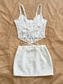 Soleia 春夏新款休闲度假西部海滩婚礼宾客礼服毕业早午餐女士套装，圣帕特里克节春假复活节音乐节优雅波西米亚热带风情，白色，情人节婚礼季派对约会蕾丝纹理刺绣胸衣两件套 - 白色 - 查看 2