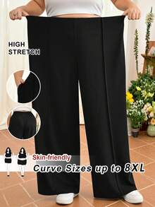 SHEIN CURVE+ 女士加大码纯色黑色简约阔腿裤，适合毕业季、返校季、秋冬季教师节穿着 - 黑色 - 查看 1
