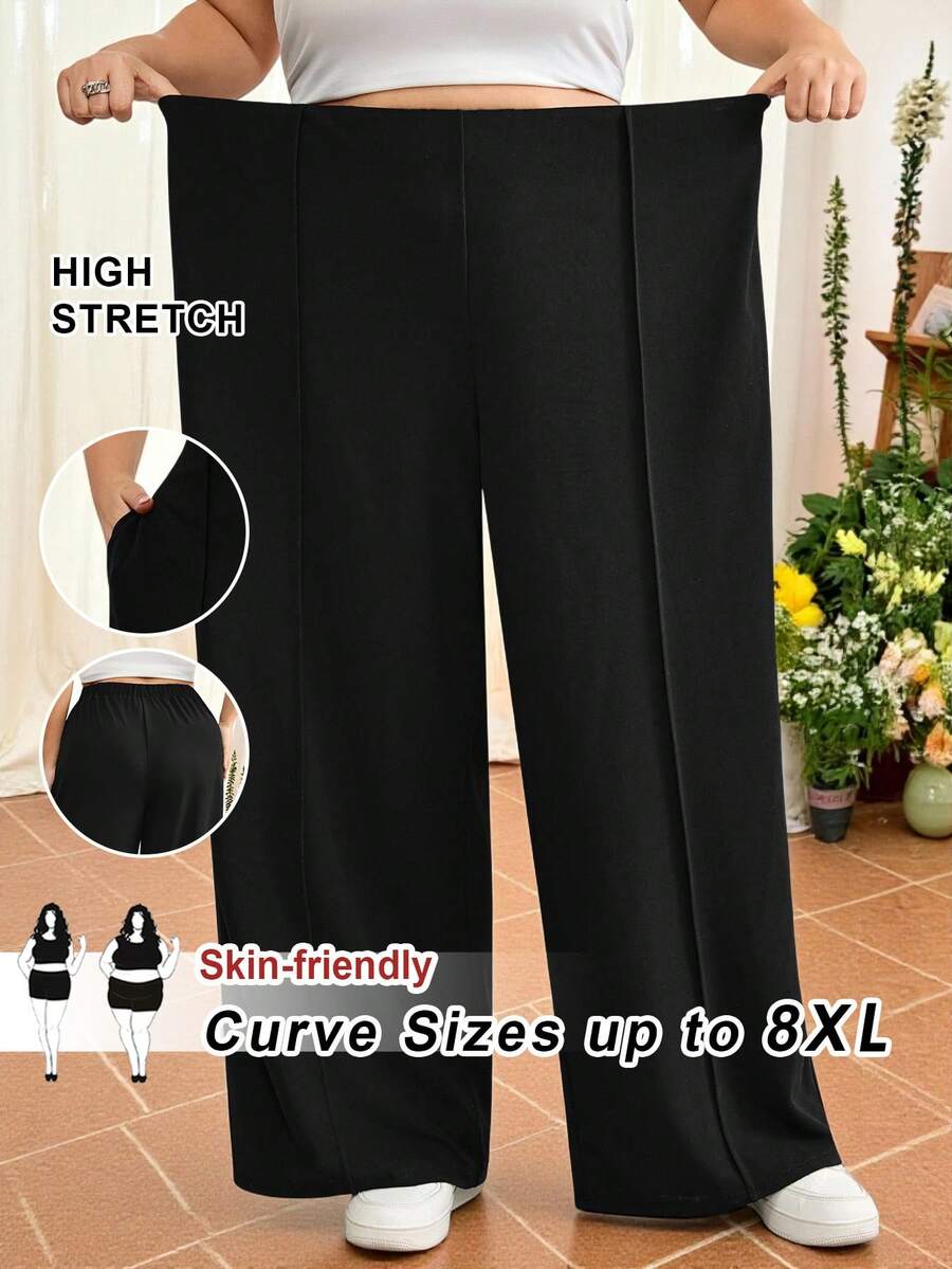 SHEIN CURVE+ 女士加大码纯色黑色简约阔腿裤，适合毕业季、返校季、秋冬季教师节穿着 - 黑色 - 查看 1