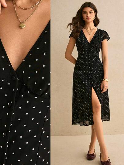 Poéselle Women's Vintage-Inspired Polka Dot Midi Dress – Flirty V-Neck Button-Front Tea Dress With Flutter Sleeves & Front Slit Polka Dot Midi Dress, Black Slit Dress, French Girl Style, Vintage Tea Dress, Summer Wedding Guest Dress, Flutter Sleeve Dress, Button Front Dress, Chic Midi Outfits Polka Dot Print V-Neck Dolman Sleeve Split Hem Elegant Dress  Summer Dresses Summer Holiday Outfits Spring Outfit Women Valentine's Day Dress Beach Dress Wedding Guest Dress For Women Elegant Dress For Women Vacation Dress Polka Dot Dress Black Dresses