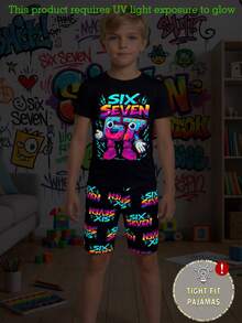两件套男童夜光67号印花睡衣，修身短袖T恤和短裤，轻薄舒适，适合春夏穿着 - 黑色 - 查看 4