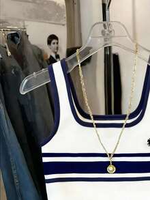 Resyla Women's Casual Knight Print Patchwork Striped Trim Fitted Tank Top, Summer - Blue and White - View 4