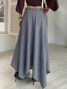 DAZY Women's Casual Commuter Plaid Asymmetric Hem Skirt - Navy Blue - View 2