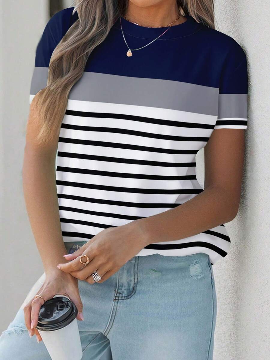 SHEIN LUNE Casual Striped Colorblock Round Neck Loose Short Sleeve T-Shirt For Women, Suitable For Spring/Summer - Multicolor - View 1