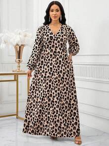 SHEIN Lady Đầm dài tay cổ chữ V, túi chéo, họa tiết da báo kiểu Âu và Mỹ dành cho nữ. - Màu Khaki - Xem 4