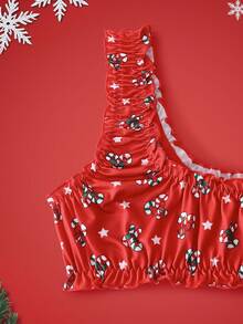 Notgurli 2 Stücke Weihnachts-Rüschen-Trim Allover-Muster süßer Weihnachts-Muster Lingerie-Set - BH und Slip für Frauen - Rot - Übersicht 3