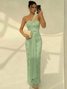 Aloruh 女士纯色刺绣褶皱不对称领口无袖连衣裙 - 綠色 - 查看 4