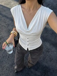 Lumalex Early Spring 2-Way Wear Dropped Shoulder Draped Waist Metal Buckle Short Sleeve Soft & Comfortable Women T-Shirt Vacation Birthday Wedding Guest Wedding Party Summer Holiday Beach Luxury Look Quiet Luxe Prom Gathering Party Banquet Modest Old Money Rave Festival Richly Layered Al-Adha Party Crop Tops Women Button Front Top Cowl Neck Top - White - View 4