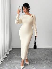 Elenzga Plus Size Women Elegant Oblique Shoulder Long Sleeve Dress, Spring - Apricot - View 8