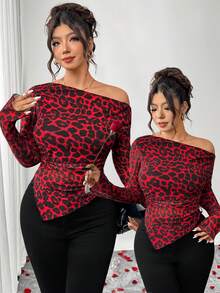 Elenzga Plus Size Women's Classy Leopard Print Long Sleeve Top,Off Shoulder Oblique Fitted T-Shirt,Black And Red Autumn Night Out Club Elastic Mesh Fabric - Multicolor - View 1
