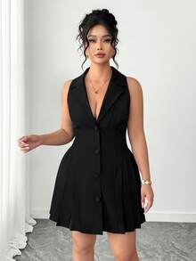 SHEIN PETITE CURVE Women's Fashionable Elegant Lapel Sleeveless Pleated Hem Dress - Black - View 3