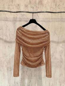 Arave Women's Casual Sequin Off-Shoulder Sheer Mesh Knit Top, Elegant & Sexy, Spring/Autumn New Year - Khaki - View 1
