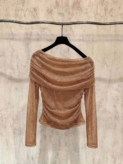 Arave Women's Casual Sequin Off-Shoulder Sheer Mesh Knit Top, Elegant & Sexy, Spring/Autumn New Year