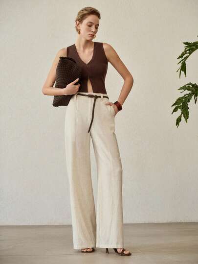 MOTF PREMIUM 女士杏色亚麻直筒休闲裤，时尚舒适，适合春夏穿着