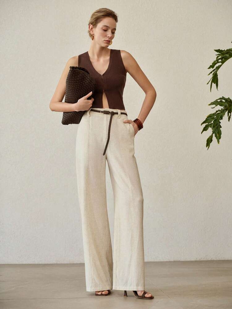 WOMEN'S APRICOT LINEN STRAIGHT LEG CASUAL PANTS, FASHIONABLE AND COMFORTABLE, VERSATILE FOR SPRING/SUMMER