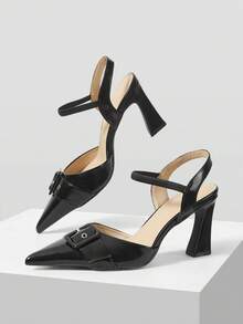 Mnmlis Giày cao gót đen thời trang, đa năng, có khóa cài, kiểu dáng casual, đế dày, dễ xỏ cho nữ. - màu đen - Xem 6