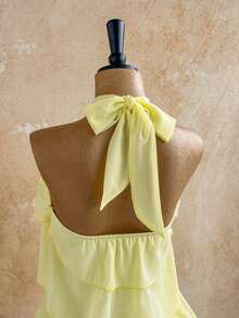 Soleia 女士雪纺优雅奶油黄吊带迷你连衣裙，女士约会连衣裙，女士夜间外出连衣裙，女士夏季连衣裙，女士蜜月套装，女士婚礼宾客连衣裙，海岛度假套装，女士婚礼宾客连衣裙，女士吊带连衣裙，女士优雅派对连衣裙，女士生日连衣裙 - 淡黃色 - 查看 4