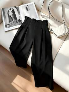 SHEIN Franclia 女士休闲日常办公通勤简约高腰褶裥纽扣装饰宽松阔腿西装裤 - 黑色 - 查看 3