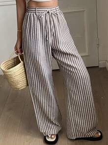 DAZY 女士休闲条纹抽绳裤，适合日常和度假穿着 - 咖啡棕 - 查看 3