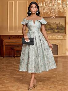 SHEIN Lady 女士花卉提花撞色网纱圆领褶裥设计优雅连衣裙 - 彩色 - 查看 8