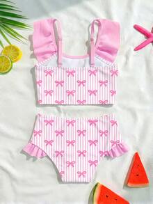 2pcs Baby Girls' Butterfly & Striped Print Ruffle Trim Beach/Swimming Suit Set - Multicolor - View 2