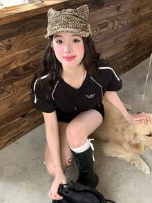 DAZY 女士美式V领短袖T恤，黑色，修身，运动设计，2025夏季新款 - 黑色 - 查看 5