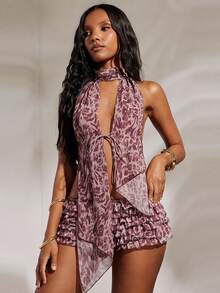 Opulessa 女士编织露背豹纹印花吊带上衣，适合海滩度假、休闲、夏季假期、外出、派对等场合。 - 紫色 - 查看 3