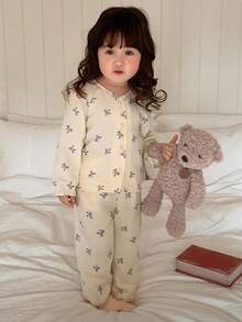 DAZY 2件套女婴V领蝴蝶印花舒适长袖衬衫和裤子睡衣套装 - 杏色 - 查看 2