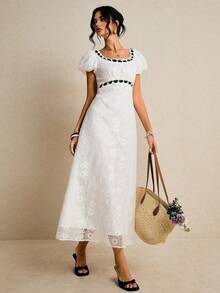 Poéselle 法式蕾丝露背系带泡泡袖连衣裙 - 白色 - 查看 8