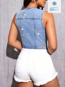 Selenza Áo khoác gile denim nữ cổ chữ V đính sequin hình ngôi sao và cài cúc phía trước - Rửa nhẹ - Xem 2