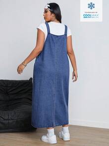 SHEIN ICON Women's Casual Versatile Pocket Denim Pinafore Dress For Dating & Outings - Dark Wash - View 2