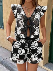 Serisse Bộ đồ 2 món dành cho nữ mùa hè đi biển, họa tiết hoa, tay áo bèo nhún, thắt eo, gồm áo và quần short. - màu đen - Xem 4