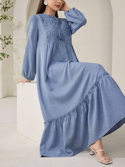 Veilorie Đầm mới thêu họa tiết ghép mảnh, eo thắt, dáng rộng, thoải mái, thích hợp cho kỳ nghỉ, mặc hàng ngày, đa năng.