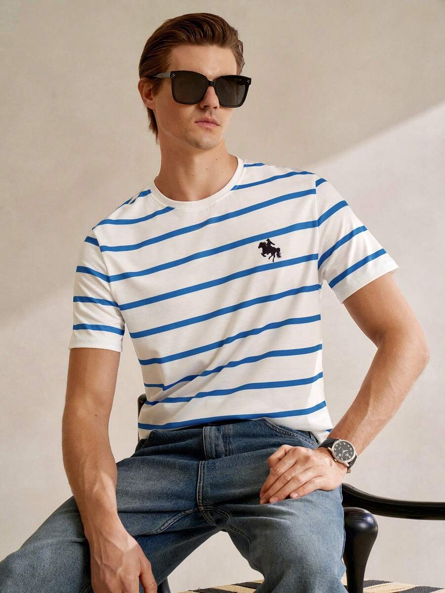 Manfinity CityGents 男女通用经典条纹马匹印花休闲 T 恤，时尚图案 T 恤 - 彩色 - 查看 1