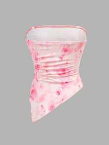 SHEIN Tween Girls Floral Print Ruched Hem Cropped Cami With Sheer Straps & Layered Cute Mini Skirt 2-Piece Set - Pink - View 7