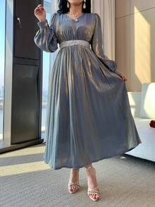 DAZY Đầm dài nữ thanh lịch phối màu, đính sequin, cổ chữ V, tay phồng, xếp ly, thích hợp cho dự tiệc cưới mùa xuân/hè. - Màu xanh lam - Xem 4