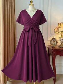 DreamSkyne Đầm suông cổ chữ V tay ngắn thanh lịch màu trơn cỡ lớn dành cho nữ - Màu tím - Xem 1